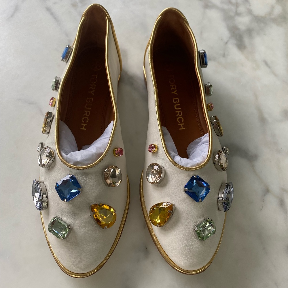 Tory Burch White Flats with Multicolor Gemstones. Worn only a few times.